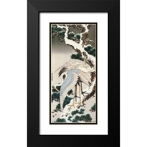 Cranes On A Snowy Pine Black Modern Wood Framed Art Print with Double Matting by Hokusai