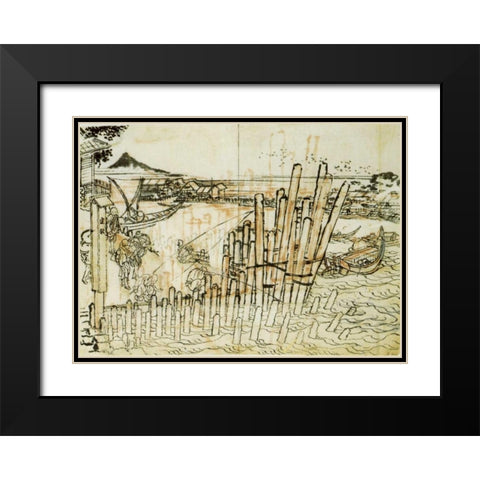 Fishing At Shimadagahana 1833 Black Modern Wood Framed Art Print with Double Matting by Hokusai