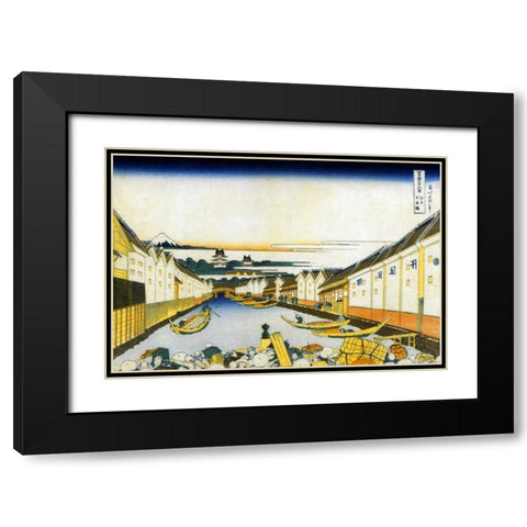 Mount Fuji And Edo Castle Seen From Nihonbashi 1834 Black Modern Wood Framed Art Print with Double Matting by Hokusai