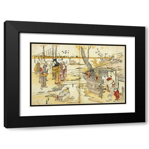 Peasants By A Stream 1797 Black Modern Wood Framed Art Print with Double Matting by Hokusai