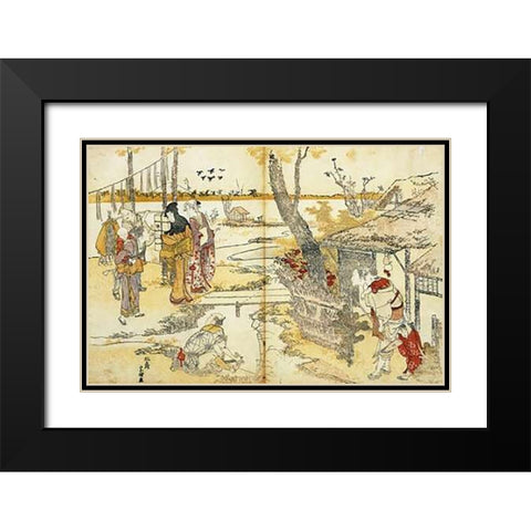 Peasants By A Stream 1797 Black Modern Wood Framed Art Print with Double Matting by Hokusai