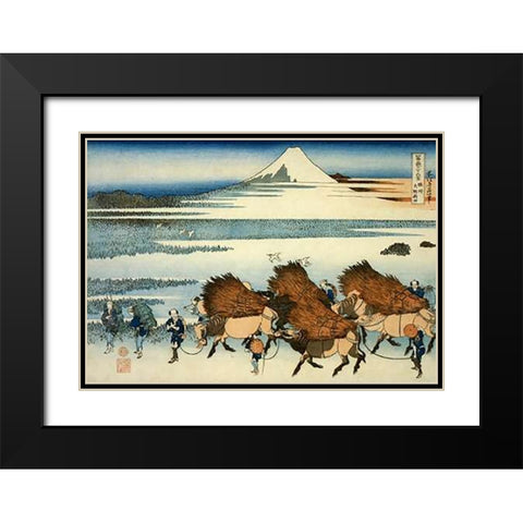 Peasants Leading Oxen In The New Fields At Ono 1835 Black Modern Wood Framed Art Print with Double Matting by Hokusai