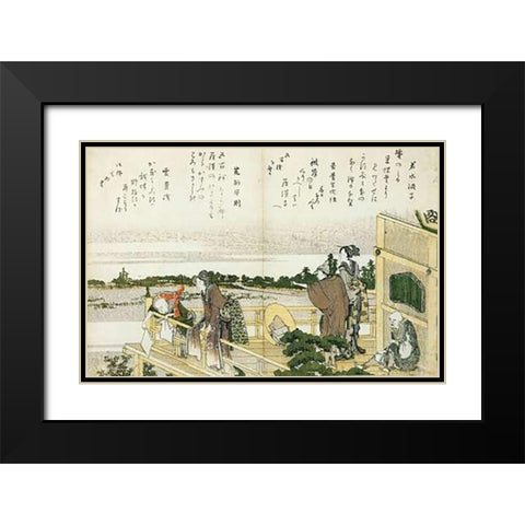 People On The Balcony Of The Sazaido Black Modern Wood Framed Art Print with Double Matting by Hokusai