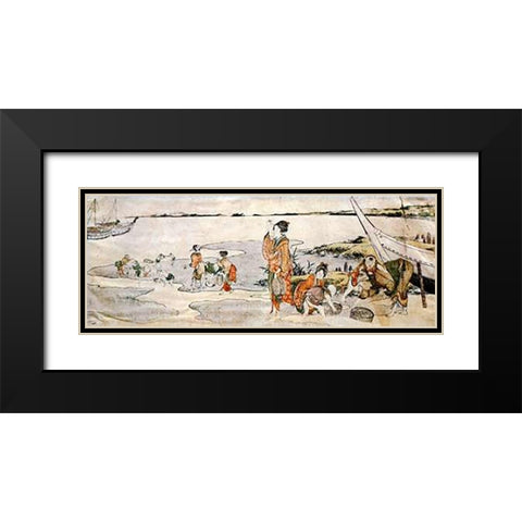 Shellfish Gathering Black Modern Wood Framed Art Print with Double Matting by Hokusai