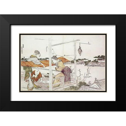 Stretching Cloth Black Modern Wood Framed Art Print with Double Matting by Hokusai