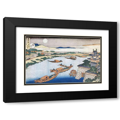 The Moon Above Yodo River And Osaka Castle Black Modern Wood Framed Art Print with Double Matting by Hokusai