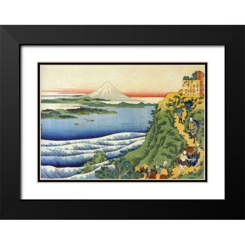 Travelers Climbing A Mountain Path Black Modern Wood Framed Art Print with Double Matting by Hokusai