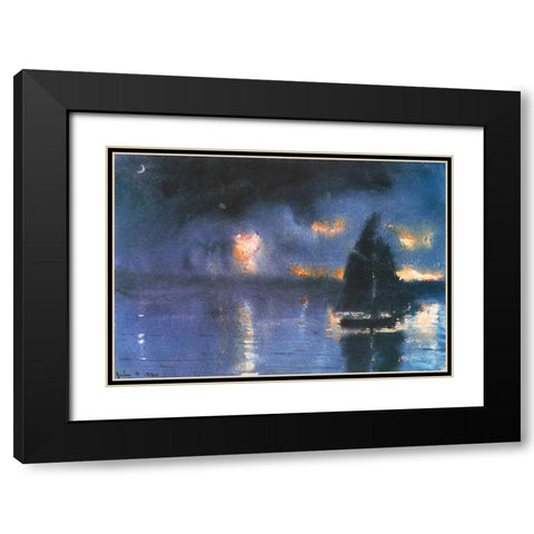 Sailboat And Fourth Of July Fireworks Black Modern Wood Framed Art Print with Double Matting by Homer, Winslow