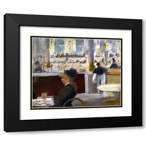 Cafe Place du Theatre Francais Black Modern Wood Framed Art Print with Double Matting by Manet, Edouard