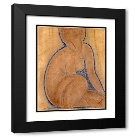 Crouched Nude Black Modern Wood Framed Art Print with Double Matting by Modigliani, Amedeo