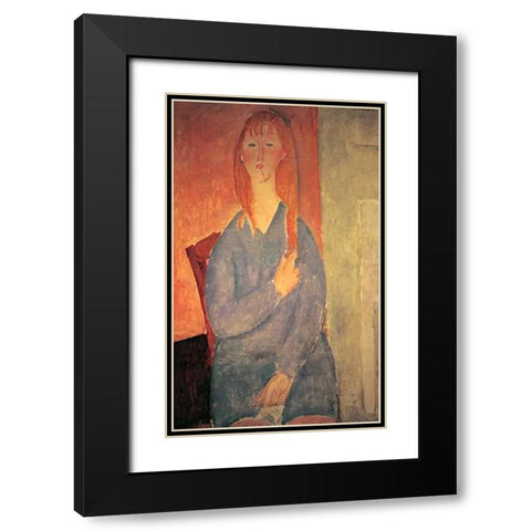 Girl In Blue Dress Black Modern Wood Framed Art Print with Double Matting by Modigliani, Amedeo