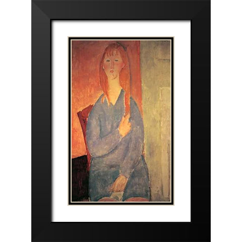 Girl In Blue Dress Black Modern Wood Framed Art Print with Double Matting by Modigliani, Amedeo