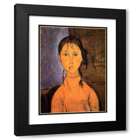 Girl With Braids Black Modern Wood Framed Art Print with Double Matting by Modigliani, Amedeo