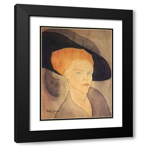 Head Of A Woman Wearing Hat Black Modern Wood Framed Art Print with Double Matting by Modigliani, Amedeo