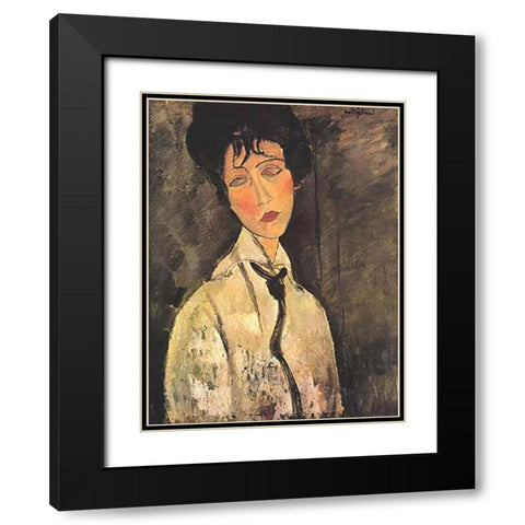 Lady With Black Tie Black Modern Wood Framed Art Print with Double Matting by Modigliani, Amedeo