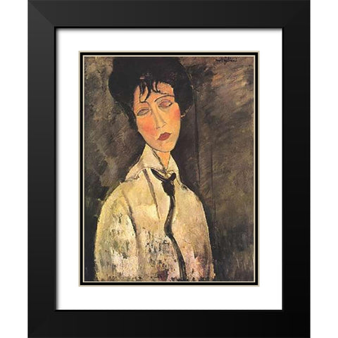Lady With Black Tie Black Modern Wood Framed Art Print with Double Matting by Modigliani, Amedeo