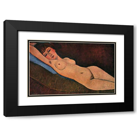 Reclining Nude Blue Cushion Black Modern Wood Framed Art Print with Double Matting by Modigliani, Amedeo