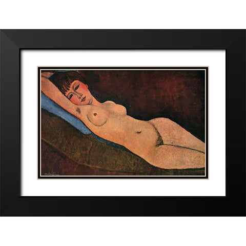 Reclining Nude Blue Cushion Black Modern Wood Framed Art Print with Double Matting by Modigliani, Amedeo