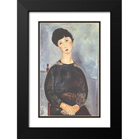Young Seated Girl With Brown Hair Black Modern Wood Framed Art Print with Double Matting by Modigliani, Amedeo