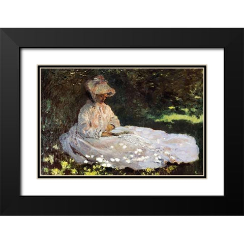 Camille Reading 1872 Black Modern Wood Framed Art Print with Double Matting by Monet, Claude