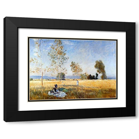 Meadow At Bezons Black Modern Wood Framed Art Print with Double Matting by Monet, Claude