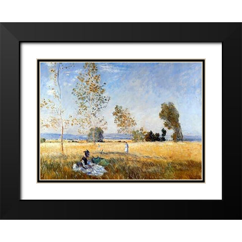 Meadow At Bezons Black Modern Wood Framed Art Print with Double Matting by Monet, Claude