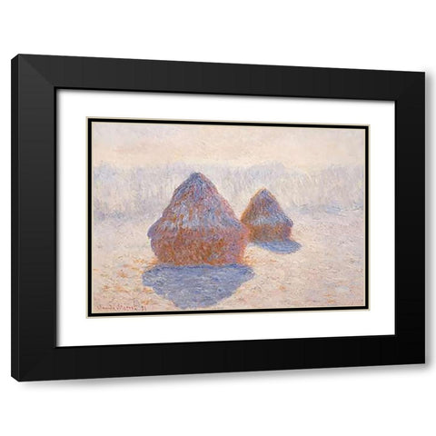 Stacks Of Wheat Winter Effect Black Modern Wood Framed Art Print with Double Matting by Monet, Claude