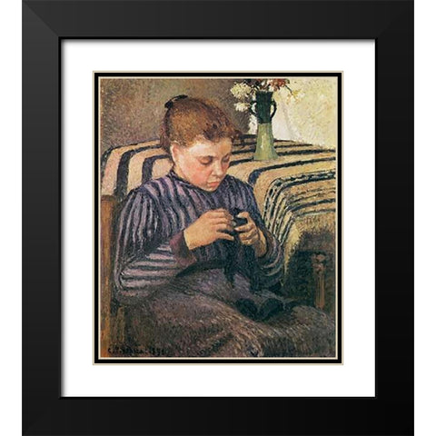 Young Woman Mending 1895 Black Modern Wood Framed Art Print with Double Matting by Pissarro, Camille