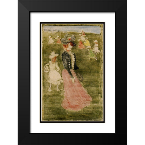 Lady In Pink Skirt Black Modern Wood Framed Art Print with Double Matting by Prendergast, Maurice Brazil