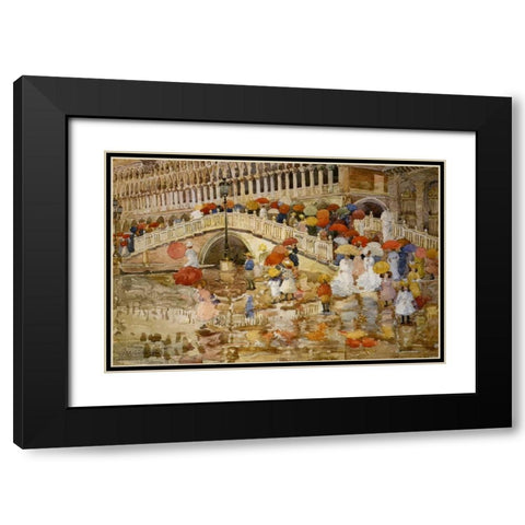 Umbrellas In The Rain Venice Black Modern Wood Framed Art Print with Double Matting by Prendergast, Maurice Brazil