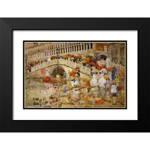 Umbrellas In The Rain Venice Black Modern Wood Framed Art Print with Double Matting by Prendergast, Maurice Brazil