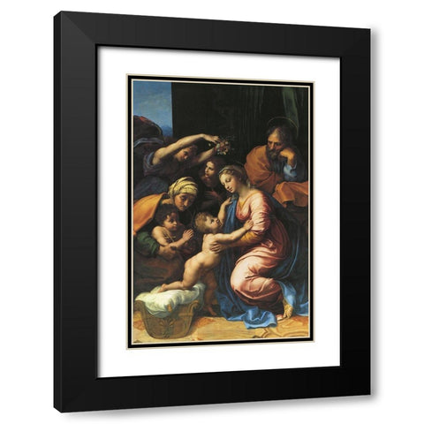 Holy Family With Sts Elizabeth And John And Two Angels Black Modern Wood Framed Art Print with Double Matting by Raphael