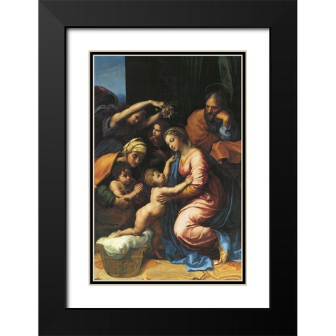 Holy Family With Sts Elizabeth And John And Two Angels Black Modern Wood Framed Art Print with Double Matting by Raphael