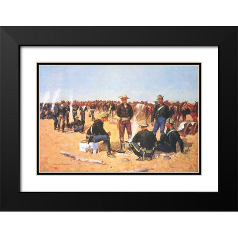 A Cavalrymans Breakfast On The Plains Black Modern Wood Framed Art Print with Double Matting by Remington, Frederic