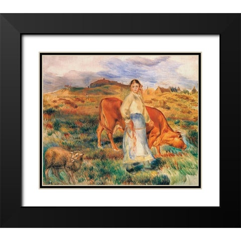 Shepherdess With Cow And Ewe Black Modern Wood Framed Art Print with Double Matting by Renoir, Pierre-Auguste