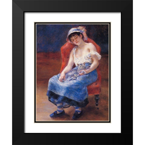 Sleeping Girl With Cat Black Modern Wood Framed Art Print with Double Matting by Renoir, Pierre-Auguste