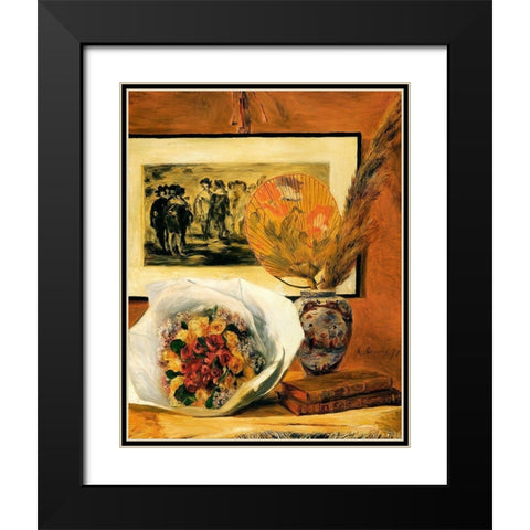 Still Life With Bouquet Black Modern Wood Framed Art Print with Double Matting by Renoir, Pierre-Auguste