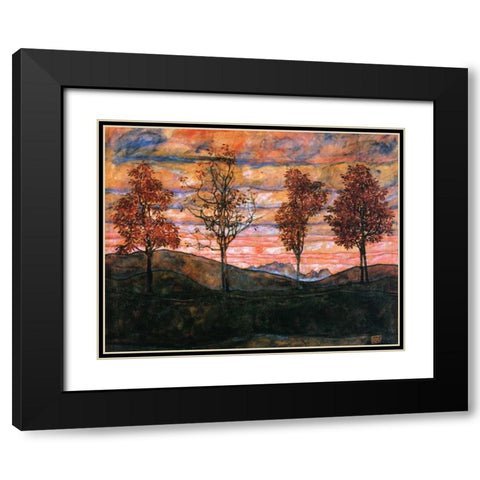 Four Trees 1917 Black Modern Wood Framed Art Print with Double Matting by Schiele, Egon