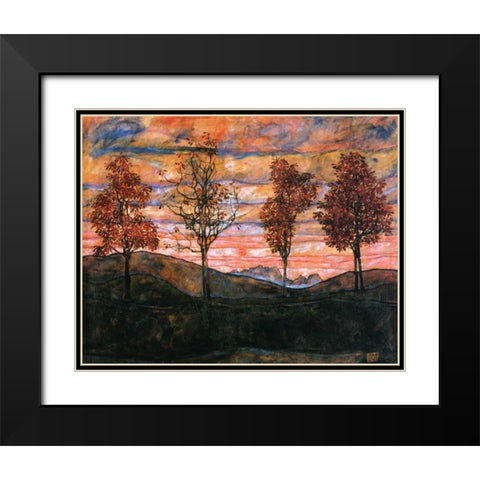 Four Trees 1917 Black Modern Wood Framed Art Print with Double Matting by Schiele, Egon