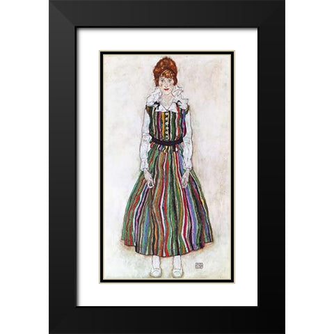 Portrait Of The Artists Wife Standing Black Modern Wood Framed Art Print with Double Matting by Schiele, Egon