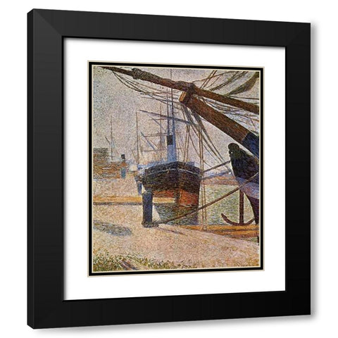 Dockside At Honfleur Black Modern Wood Framed Art Print with Double Matting by Seurat, Georges