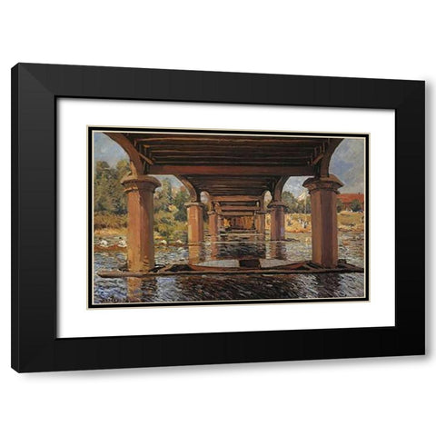Under The Bridge At Hampton Court Black Modern Wood Framed Art Print with Double Matting by Sisley, Alfred