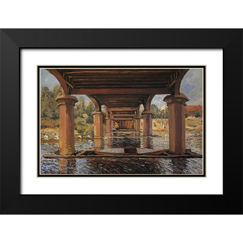 Under The Bridge At Hampton Court Black Modern Wood Framed Art Print with Double Matting by Sisley, Alfred