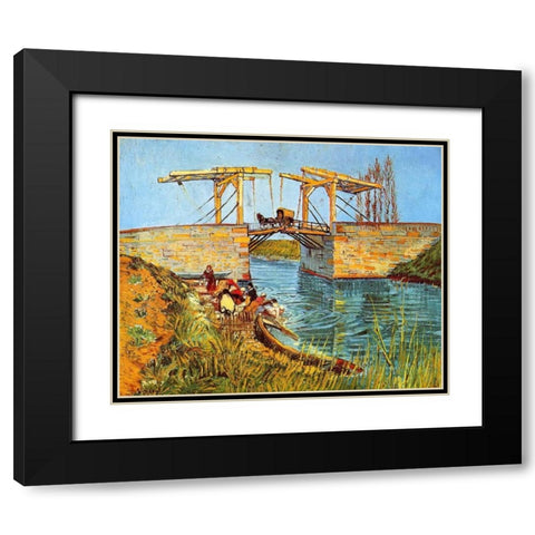 Langlois Bridge Women Washing Black Modern Wood Framed Art Print with Double Matting by Van Gogh, Vincent
