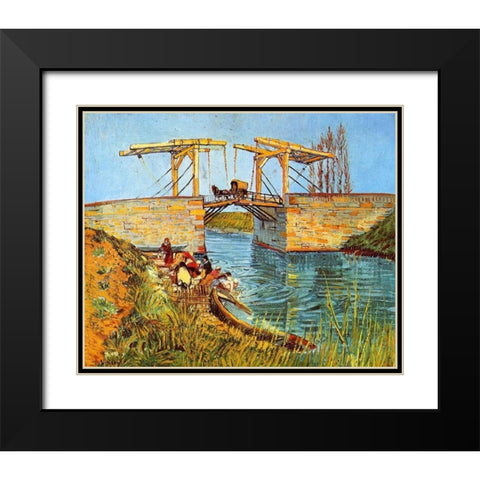 Langlois Bridge Women Washing Black Modern Wood Framed Art Print with Double Matting by Van Gogh, Vincent