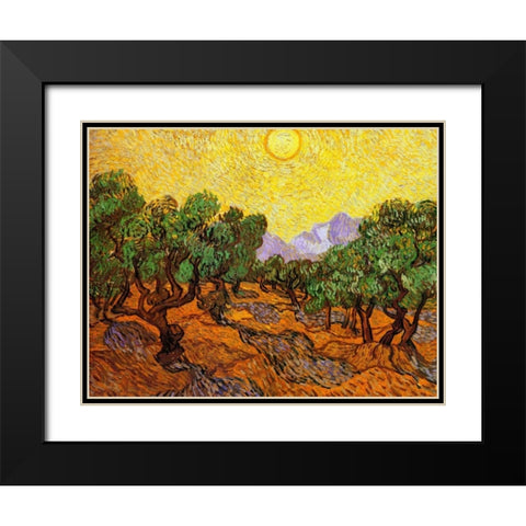 Olive Trees With Yellow Sky And Sun Black Modern Wood Framed Art Print with Double Matting by Van Gogh, Vincent