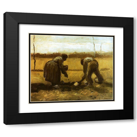 Peasants Planting Potatoes Black Modern Wood Framed Art Print with Double Matting by Van Gogh, Vincent