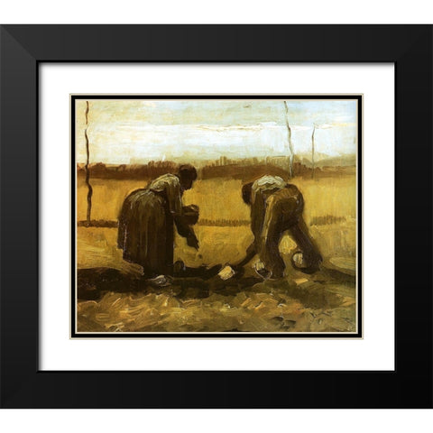 Peasants Planting Potatoes Black Modern Wood Framed Art Print with Double Matting by Van Gogh, Vincent