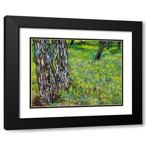 Pine Trees And Dandelions In The Garden Of Saint Paul Hospital 1890 Black Modern Wood Framed Art Print with Double Matting by Van Gogh, Vincent