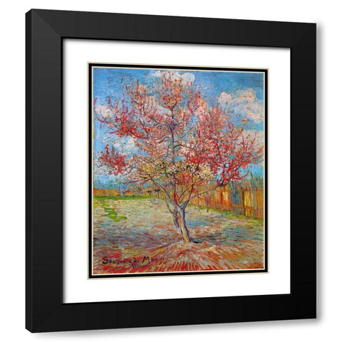 Pink Peach Tree In Blossom Black Modern Wood Framed Art Print with Double Matting by Van Gogh, Vincent